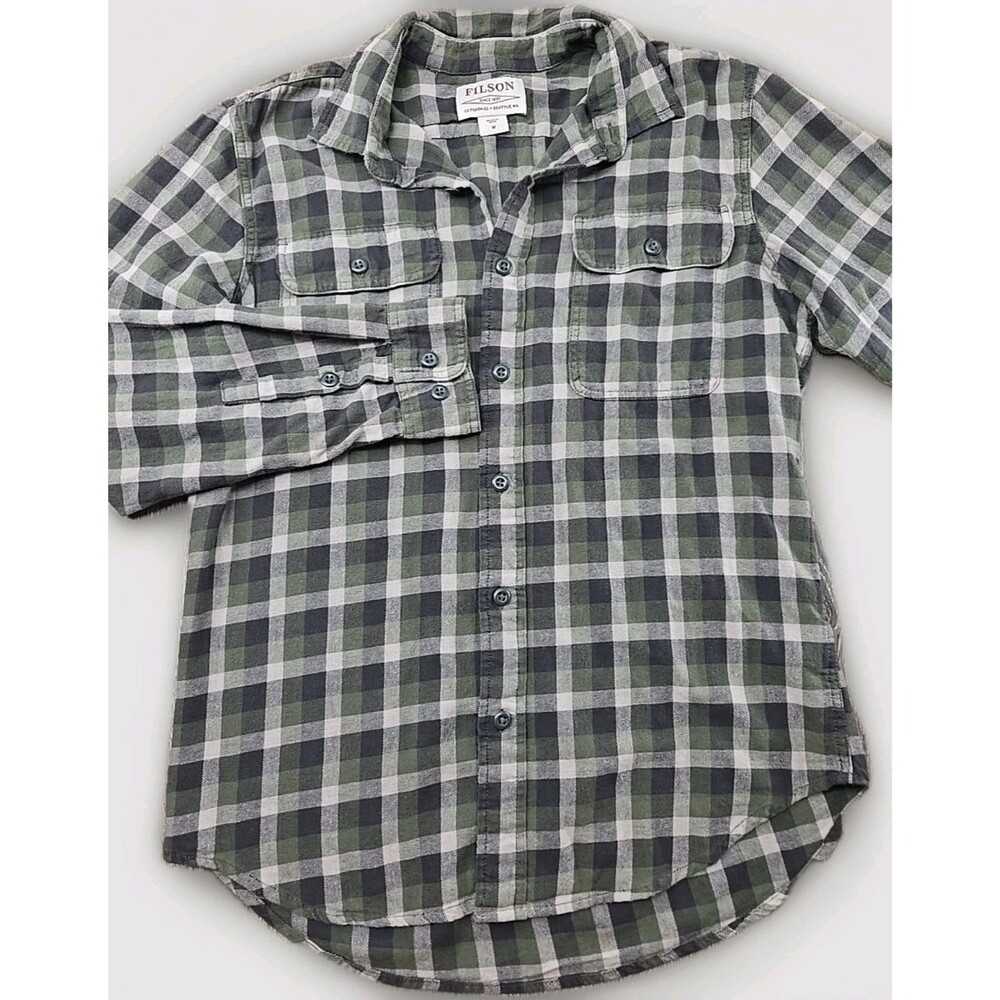 Filson Button Down Plaid Flannel Shirt Shacket Men's M Gray Green 100% Cotton